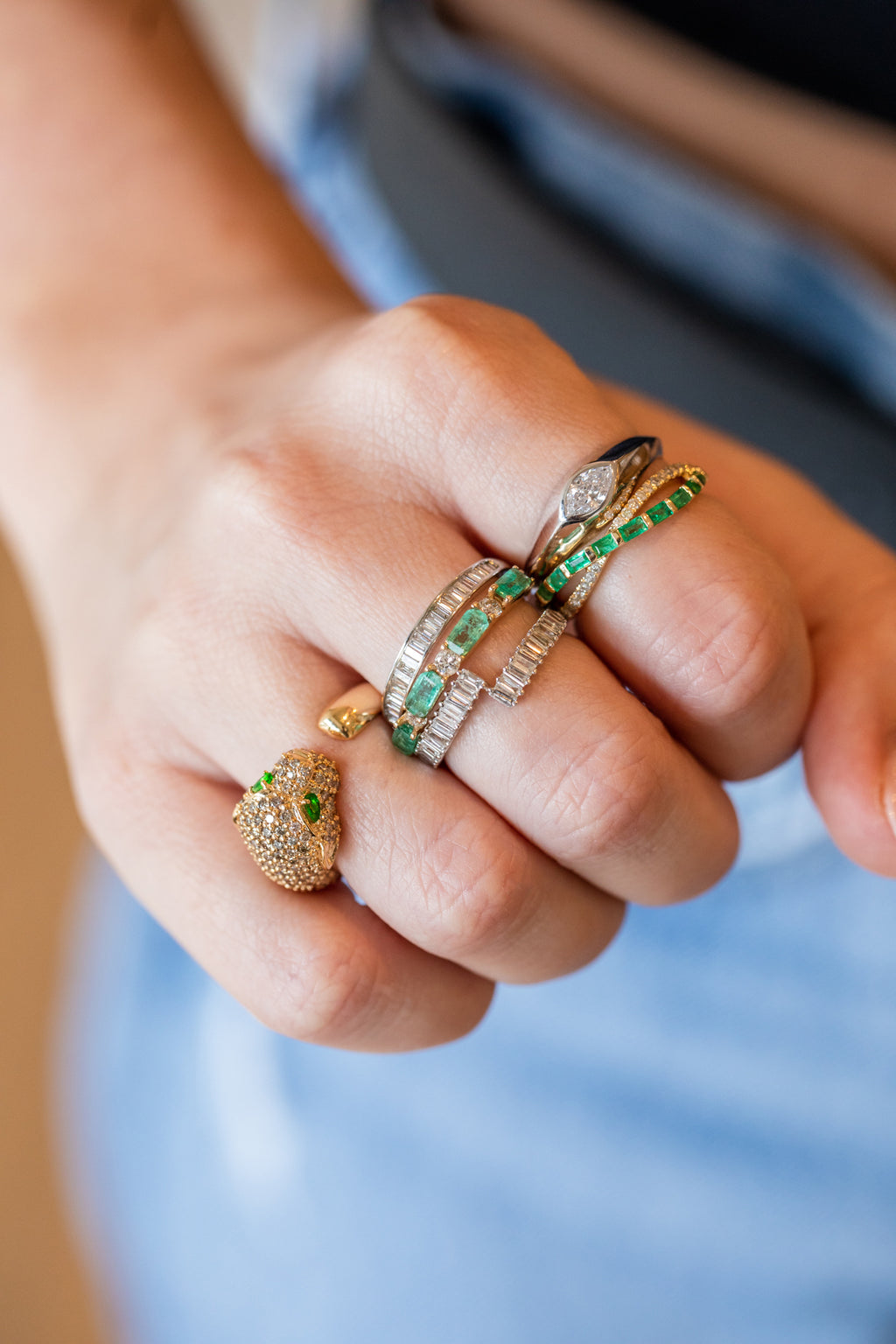 14K Gold Baguette Emerald .151ct Diamond X Ring